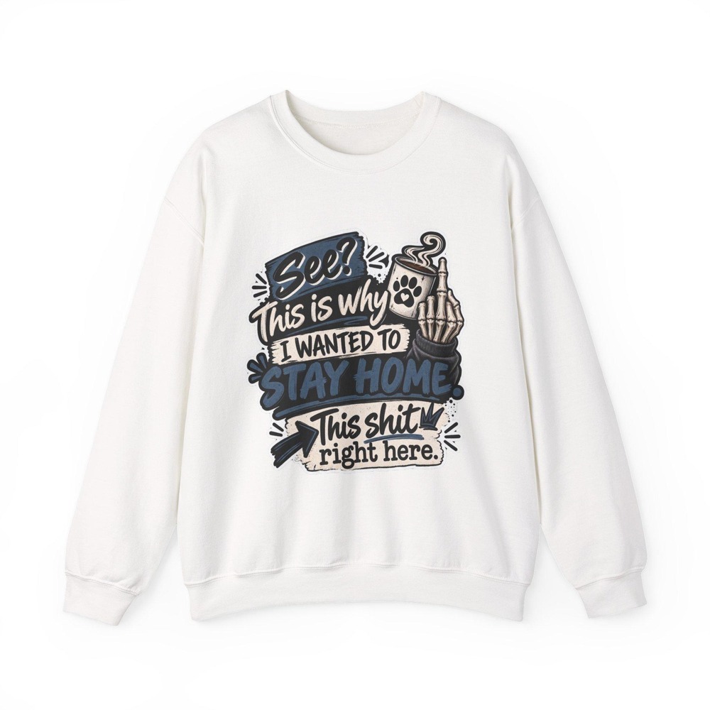 Gildan 18000 Stay Home Crewneck Sweatshirt Cozy Introvert Cat Design Humor